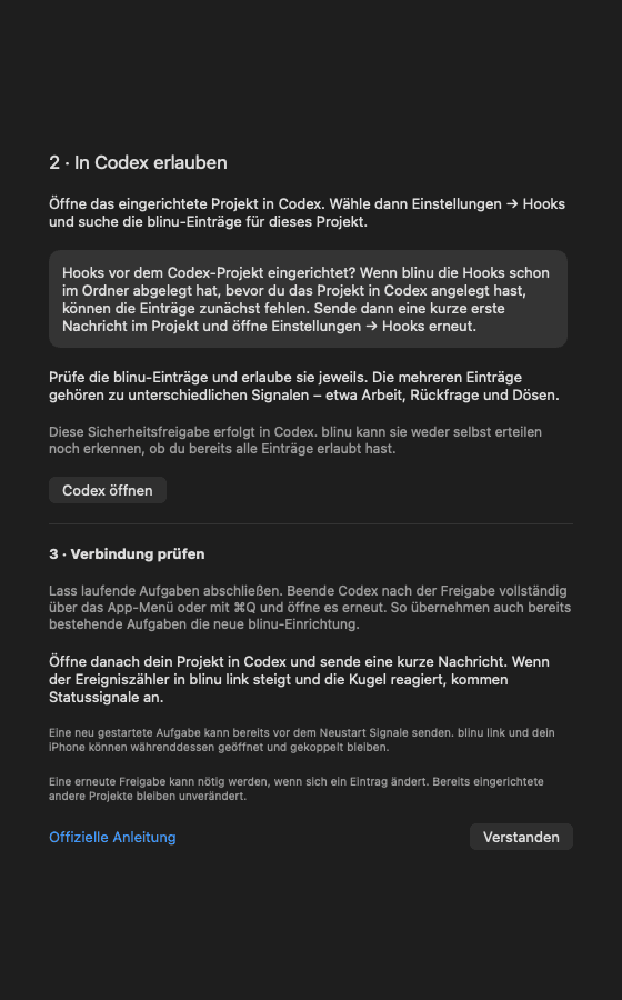 Die Anleitung in blinu link erklärt die Freigabe der Projekt-Hooks in Codex und die anschließende Verbindungsprüfung.