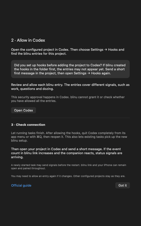 The guide in blinu link explains how to approve project hooks in Codex and check the connection afterwards.