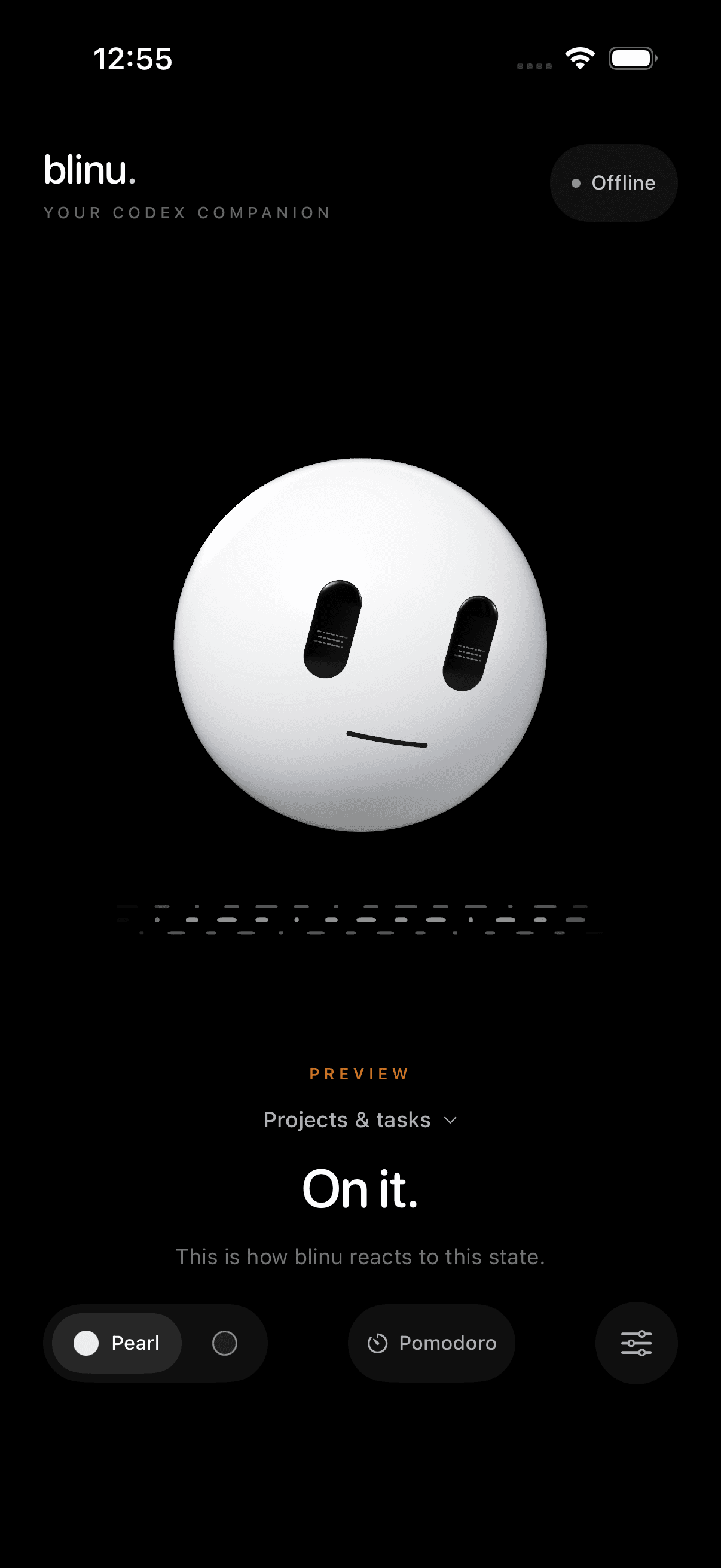 blinu in Pearl in the iPhone simulator. The built-in Working preview shows “On it.”.